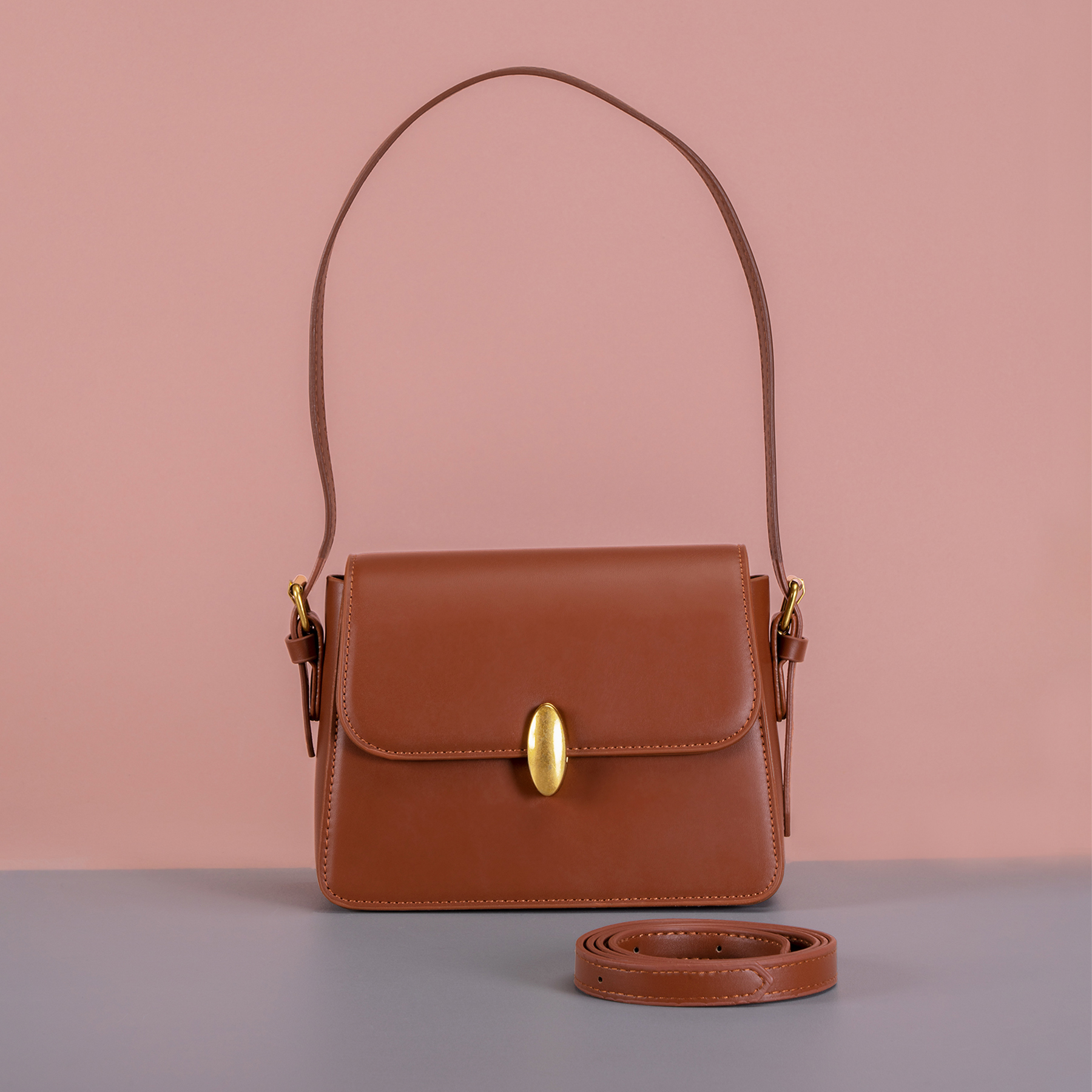 Faux Leather Classic Handbag | Camel - Rave