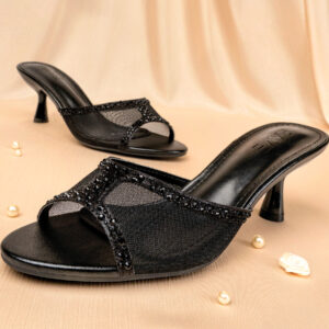 Peep Toe Crystal Detailed Spool Heel | Black