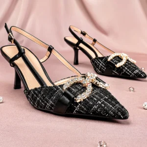 Crystal Buckle Tweed Slingback Heel | Black