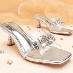 Transparent Square Toe Crystal Detailed Spool Heel | Silver