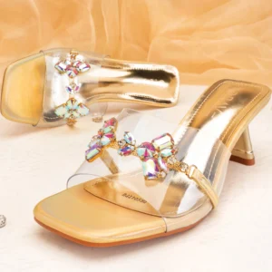 Transparent Multicolor Gemstone Embellished Spool Heel | Gold