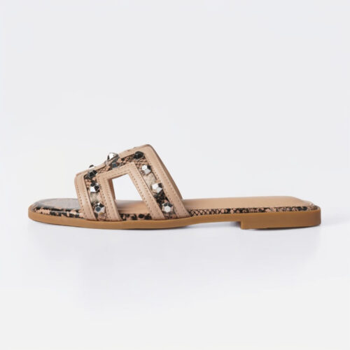 Printed Studded Flat Sandal | Beige