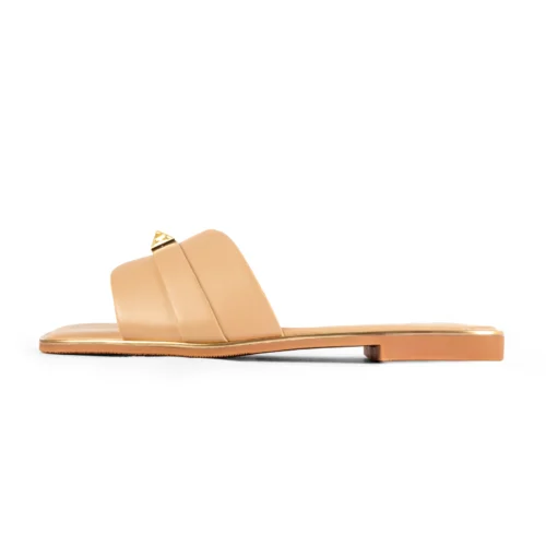 Metal Embellished Casual Flat Sandal | Khaki