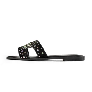 Crystal Embellished Slide Flat Sandal | Gun