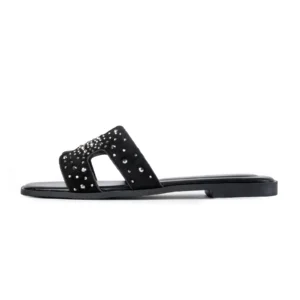 Crystal Embellished Slide Flat Sandal | Black