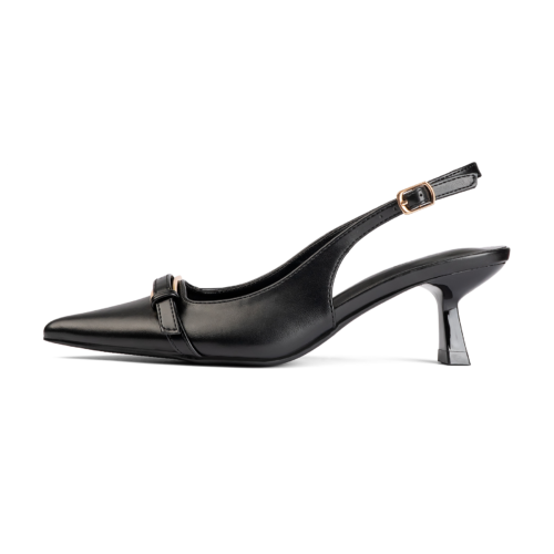 Pointy Gold Buckle Detailed Slingback Heel | Black