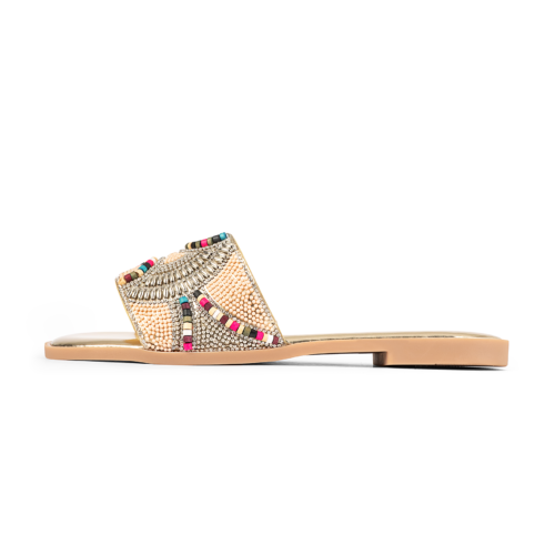 Crystal & Multicolored Accent Embellished Flat Sandal | Gold