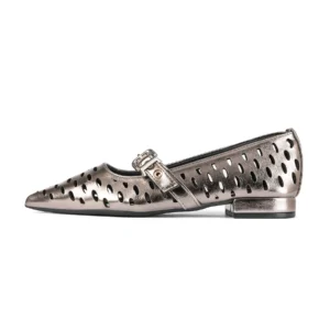 Metallic Laser Cut Pointed Toe Flat Shoe | Pewter