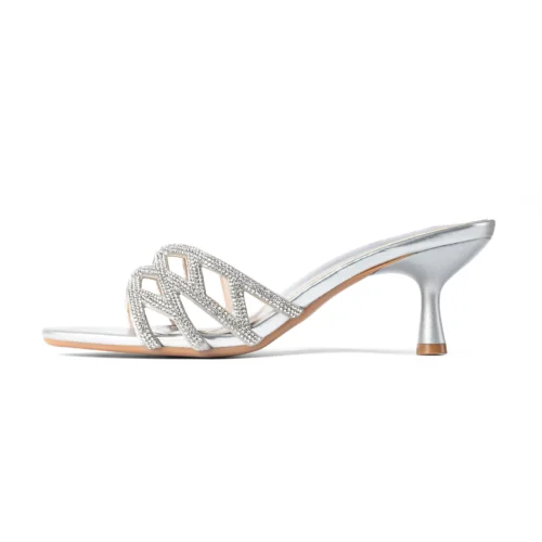 Almond Toe Crystal Detailed Spool Heel | Silver