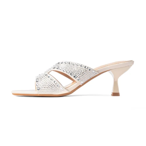 Peep Toe Crystal Detailed Spool Heel | Beige
