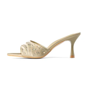 Pointy Peep Toe Crystal Detailed Spool Heel | Taupe