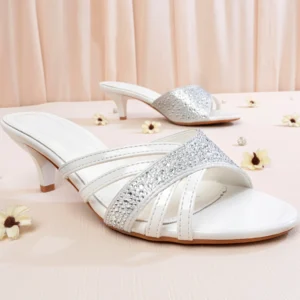 Pointy Peep Toe Crystal Detailed Cone Heel | White