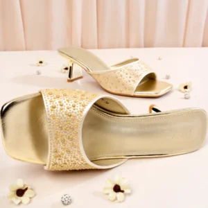 Square Toe Crystal Detailed Heel | Gold