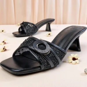 Square Toe Crystal Detailed Heel | Black