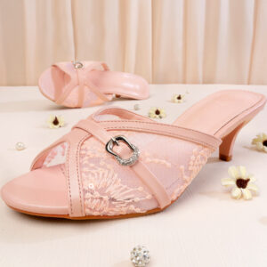 Pointy Peep Toe Crystal Detailed Cone Heel  | Pink