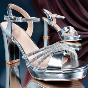 Ankle Strap Platform Block High Heel | Silver