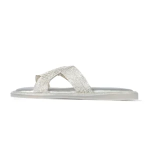 Crystal Crisscrossed Strap Slide Flat Sandal | Silver