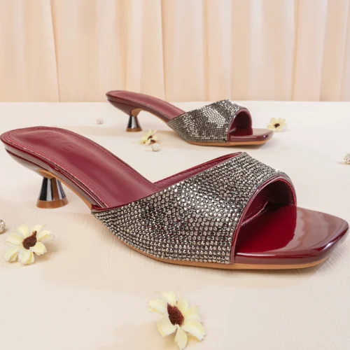 Square Toe Crystal Detailed Heel | Maroon