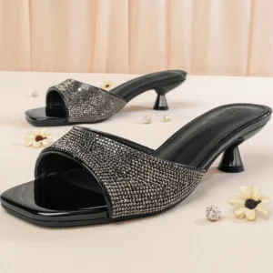 Square Toe Crystal Detailed Heel | Black