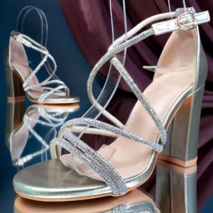 Ankle Strap Platform Block High Heel | Gold