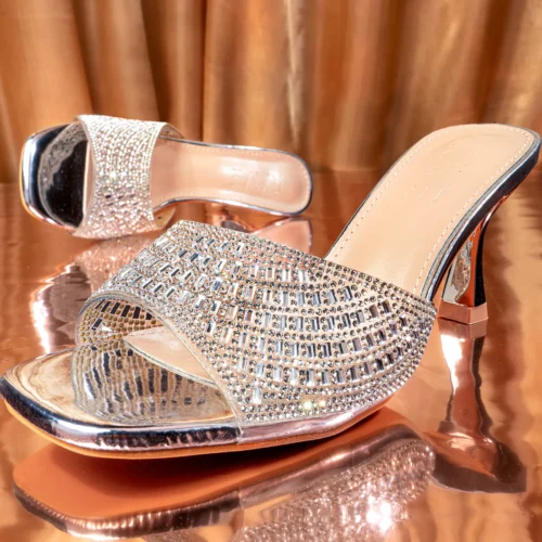 Peep Toe Crystal Detailed Spool Heel | Silver