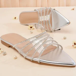 Crystal Detailed Transparent Flat Sandal | Silver