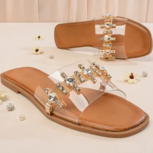 Crystal Detailed Transparent Flat Sandal | Camel
