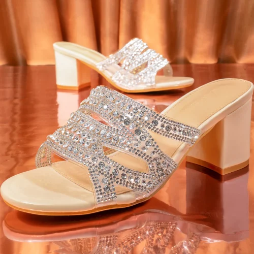 Peep Toe Crystal Detailed Spool Heel | Beige