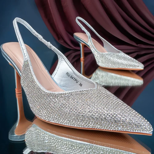 Crystal Studded Pointy Spool Heel | Silver