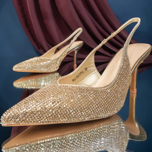 Crystal Studded Pointy Spool Heel | Gold