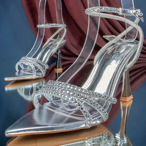 Ankle Strap Crystal Detailed Stiletto Heel | Silver